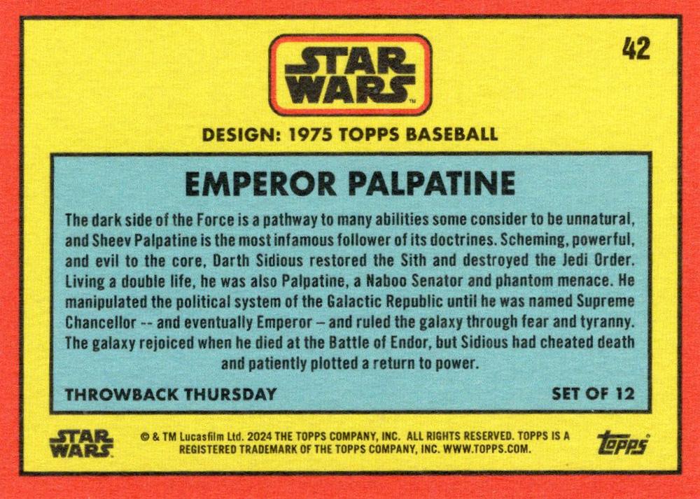 Star Wars Throwback Thursday 2024 Card #42 Emperor Palpatine 1975 Topps Baseball