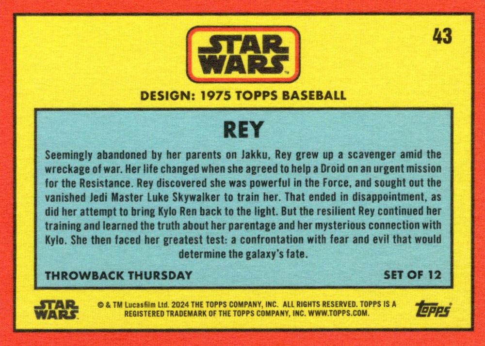 Star Wars Throwback Thursday 2024 Card #43 Rey 1975 Topps Baseball