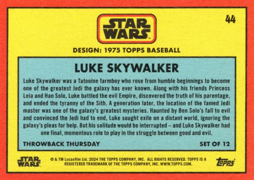 Star Wars Throwback Thursday 2024 Card #44 Luke Skywalker 1975 Topps Baseball