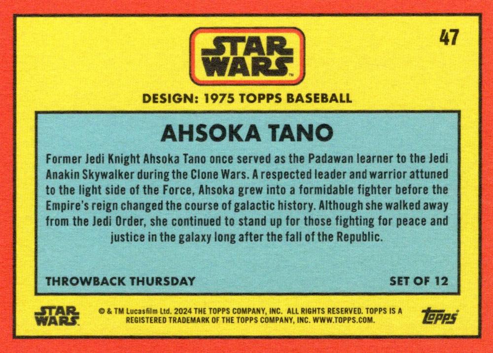 Star Wars Throwback Thursday 2024 Card #47 Ahsoka Tano 1975 Topps Baseball