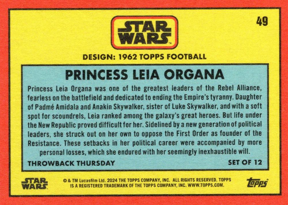 Star Wars Throwback Thursday 2024 Card #49 Princess Leia Organa 1962 Topps Football