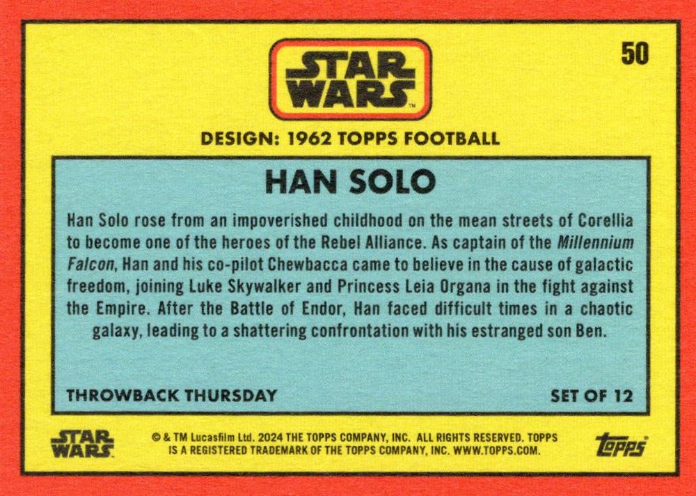 Star Wars Throwback Thursday 2024 Card #50 Han Solo 1962 Topps Football