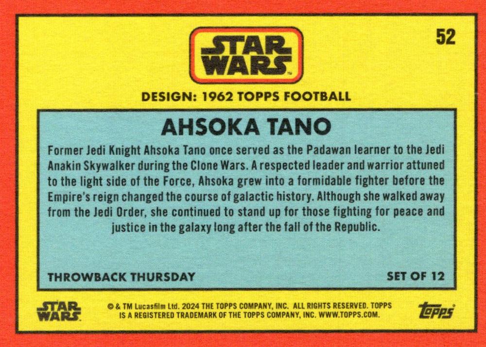 Star Wars Throwback Thursday 2024 Card #52 Ahsoka Tano 1962 Topps Football