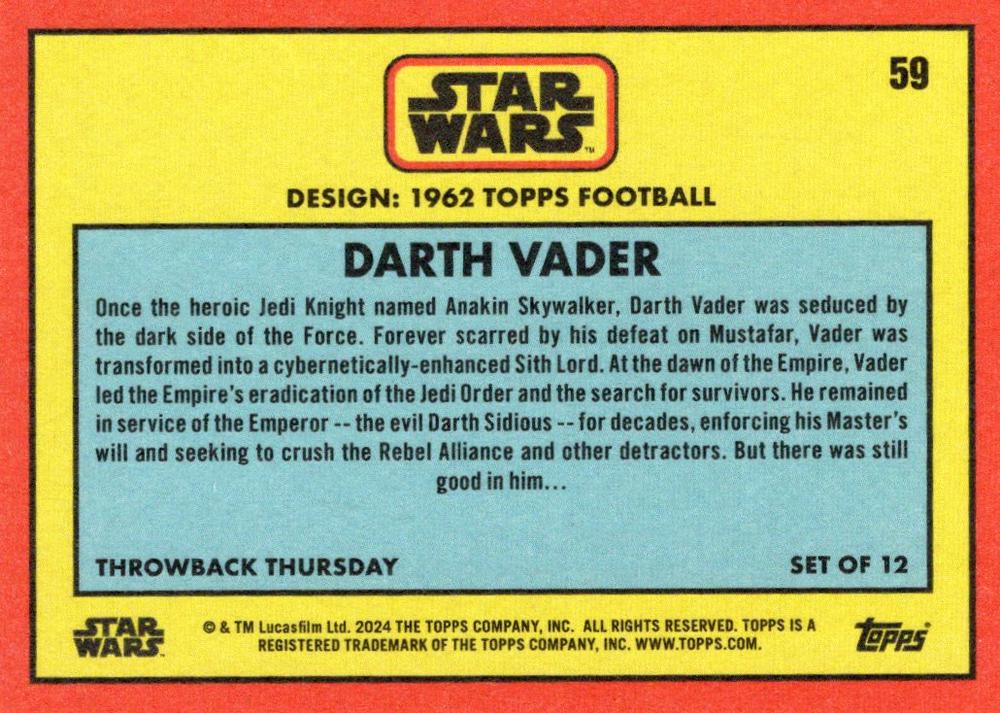 Star Wars Throwback Thursday 2024 Card #59 Darth Vader 1962 Topps Football