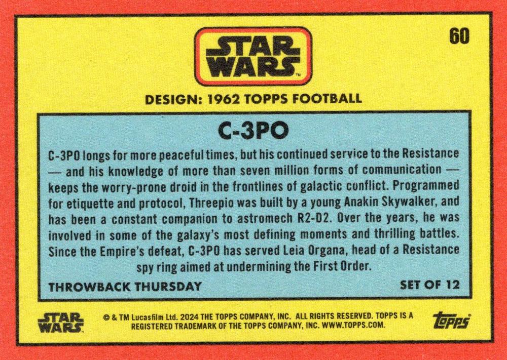 Star Wars Throwback Thursday 2024 Card #60 C-3PO 1962 Topps Football