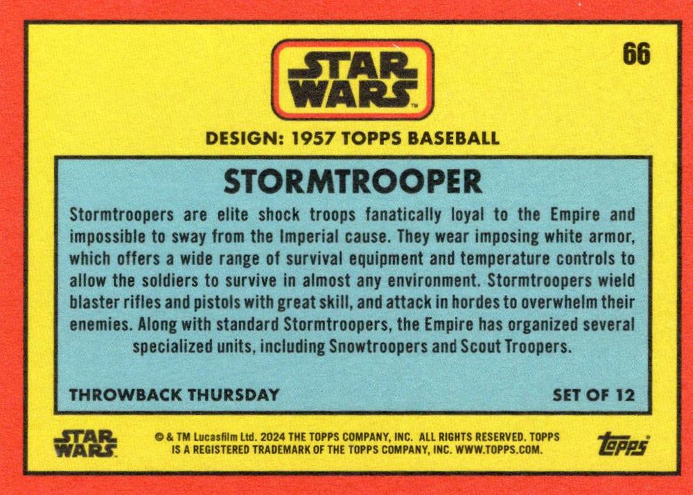 Star Wars Throwback Thursday 2024 Card #66 Stormtrooper 1957 Topps Baseball