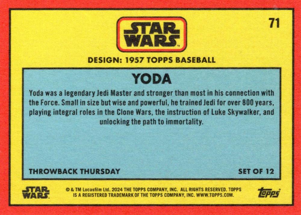 Star Wars Throwback Thursday 2024 Card #71 Yoda 1957 Topps Baseball