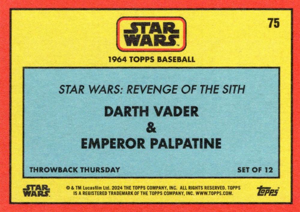 Star Wars Throwback Thursday 2024 Card #75 Darth Vader Emperor Palpatine