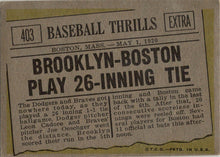 Topps Baseball 1961 Base Card 403 Baseball Thrills: Brooklyn-Boston Play...