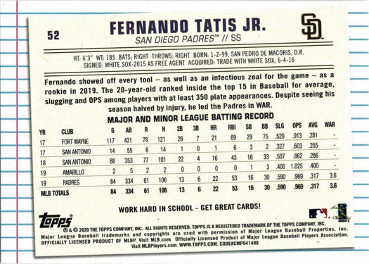 Topps Of The Class Baseball 2020 Base Card 52 Fernando Tatis Jr.