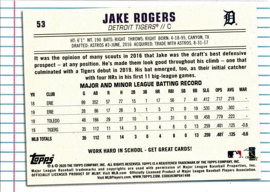 Topps Of The Class Baseball 2020 Base Card 53 Jake Rogers