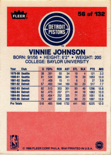 1986-87 Fleer Basketball #56 Vinnie Johnson Base Rookie Card