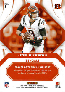 Panini Player Of The Day Football 2022 Foil Parallel Card 5 Joe Burrow