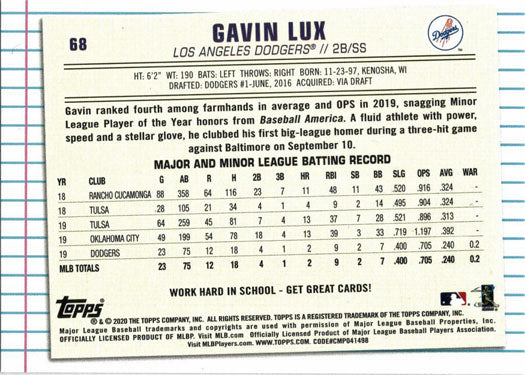 Topps Of The Class Baseball 2020 Base Card 68 Gavin Lux