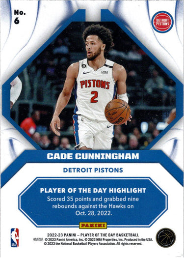 Panini Player of the Day 2022-23 Orange Foil Parallel Card 6 Cade Cunningham 065/199