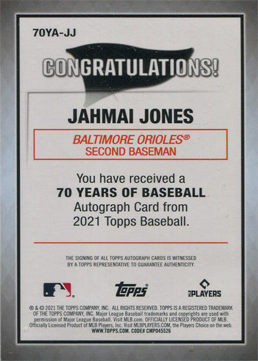 Topps Series Two Baseball 2021 70 Years Autograph Card 70YA-JJ Jahmai Jones