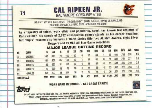 Topps Of The Class Baseball 2020 Base Card 71 Cal Ripken Jr.