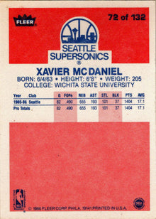 1986-87 Fleer Basketball #72 Xavier McDaniel Base Rookie Card
