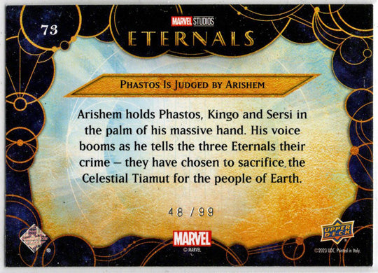 2023 Upper Deck Marvel Eternals Gold Parallel Card 73 "Phastos Is Judged" 48/99