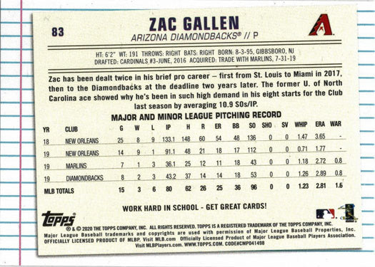 Topps Of The Class Baseball 2020 Base Card 83 Zac Gallen
