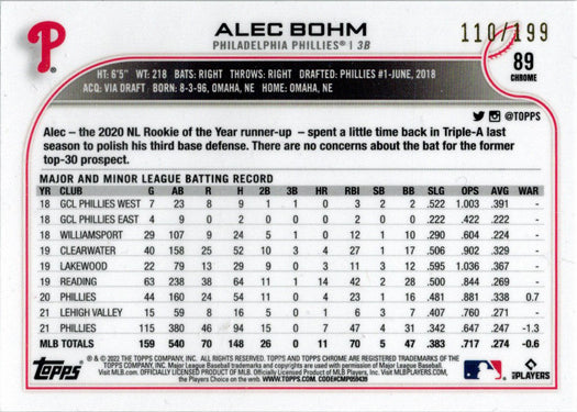 Topps Chrome Baseball 2022 Aqua Wave Parallel Card 89 Alec Bohm 110/199