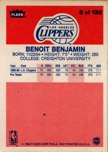 1986-87 Fleer Basketball #8 Benoit Benjamin Base Rookie Card