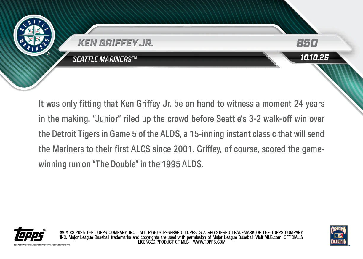 2025 Topps Now Ken Griffey Jr. Card 850 The Kid Rolls Up Seattle Mariners