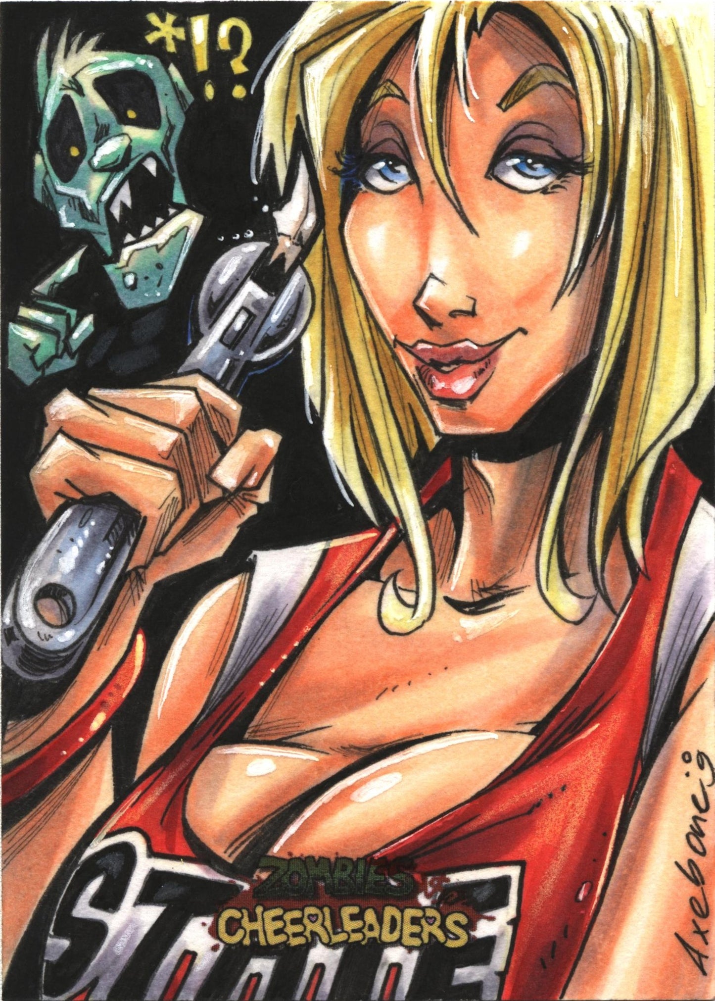 Zombies vs Cheerleaders Sketch Card by Michael Axebone Potter