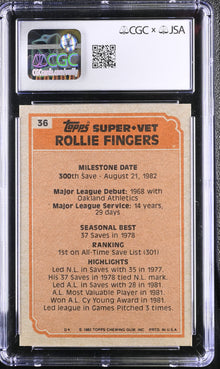 Topps Baseball 1983 Base Card #36 Rollie Fingers CGC 7 Near Mint JSA Autograph