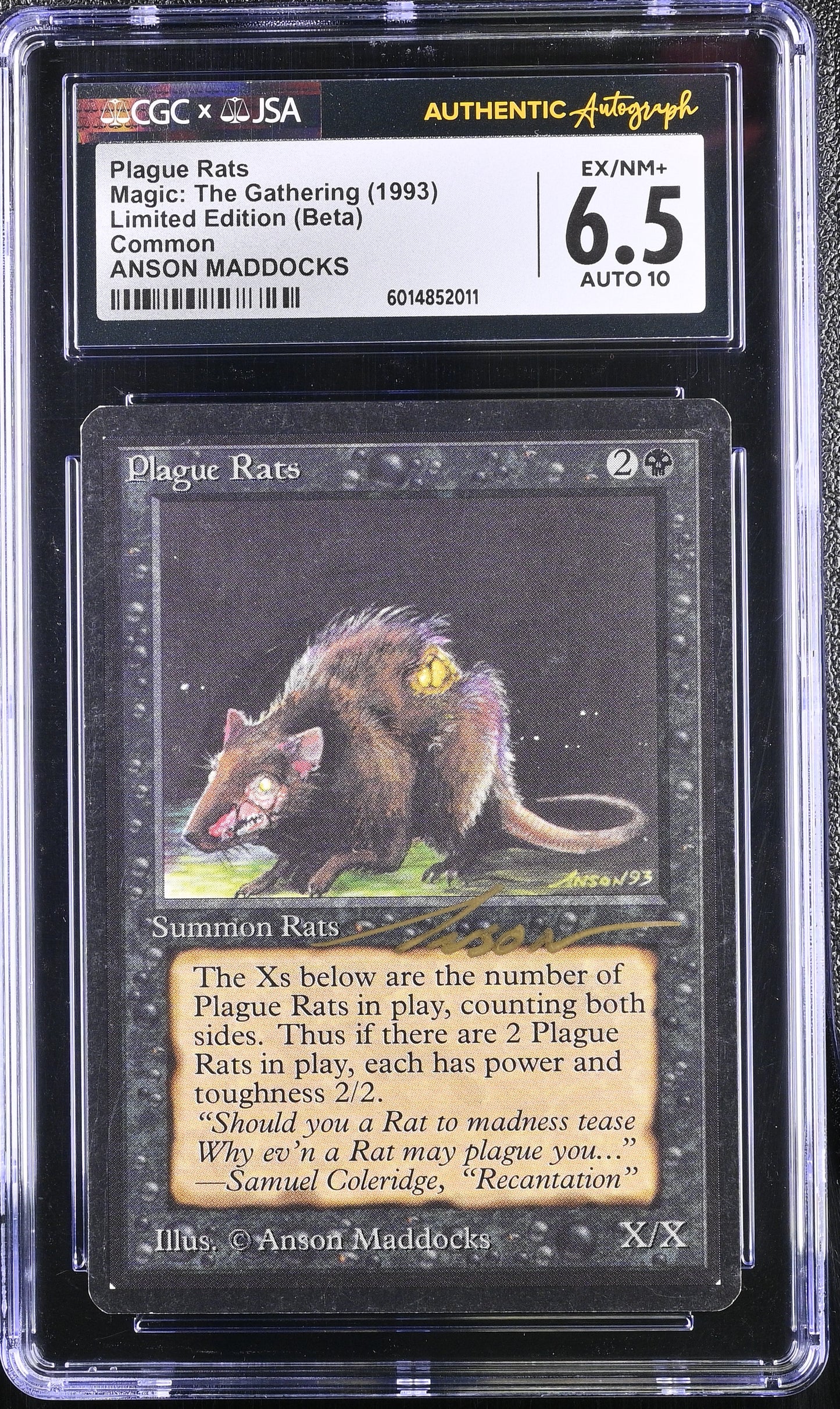 Magic MTG Plague Rats [Beta Edition] Graded CGC 6.5 Ex/NM+ JSA Anson Maddocks Autograph