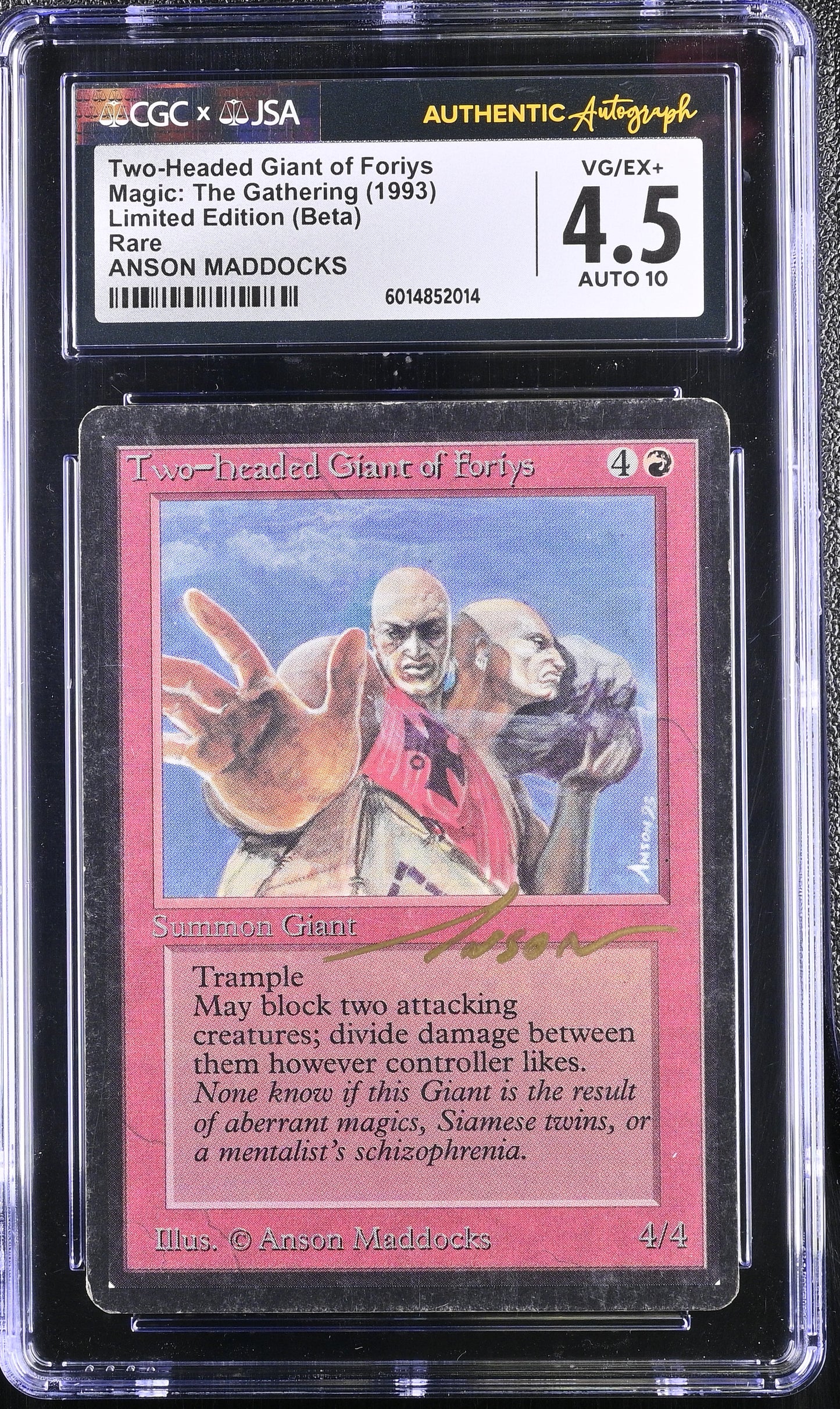 Magic MTG Two-Headed Giant of Foriys [Beta Edition] CGC 4.5 VG/Ex+ JSA Anson Maddocks Autograph
