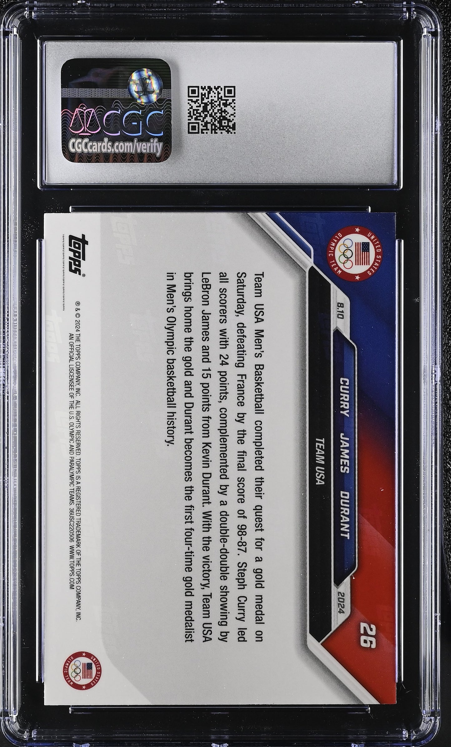 2024 Topps Now Olympic Games Card 26 Curry James Durant CGC 7.5 NM+