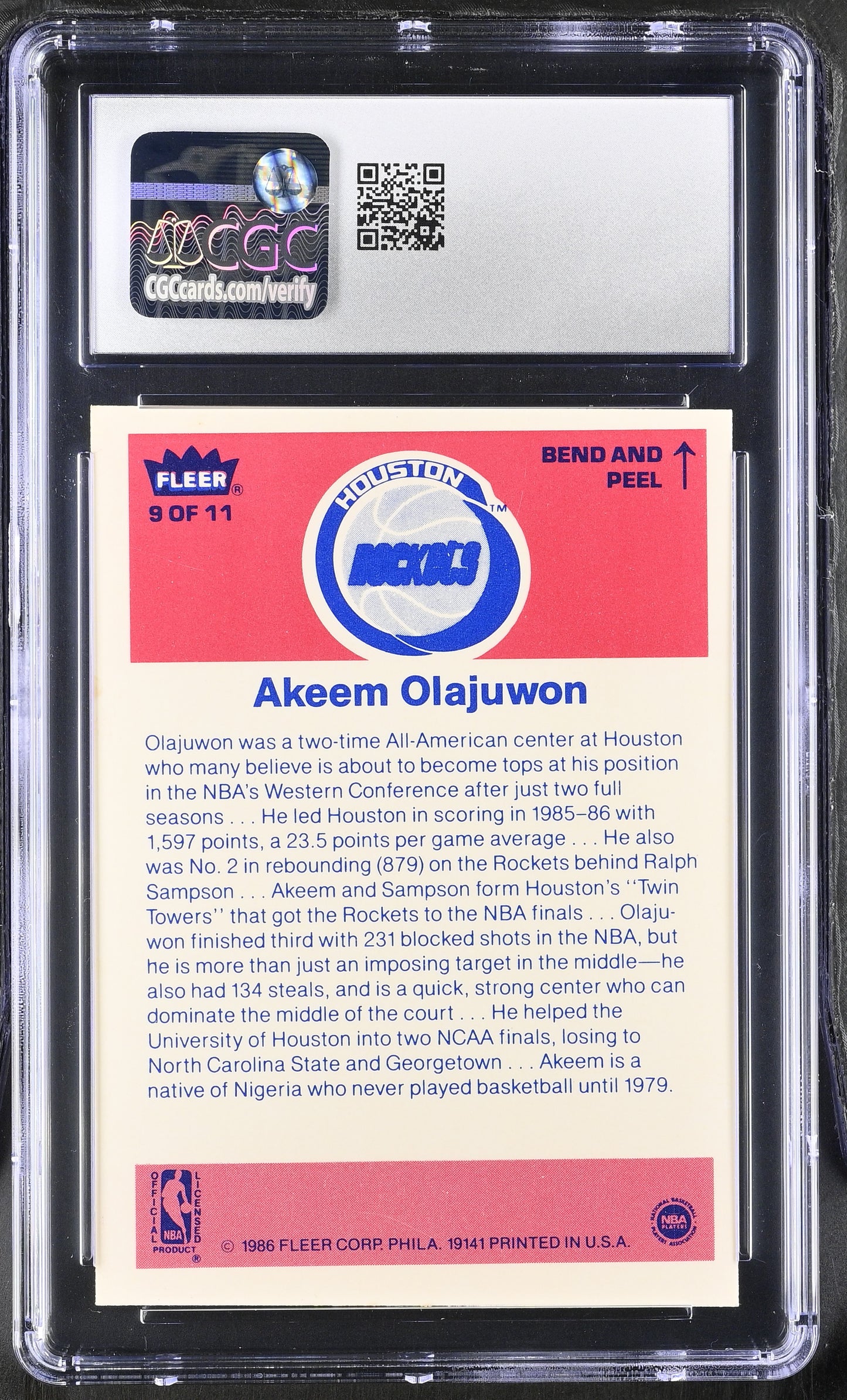 1986-87 Fleer Basketball Sticker #9 Akeem Olajuwon CGC 5.5 Excellent+