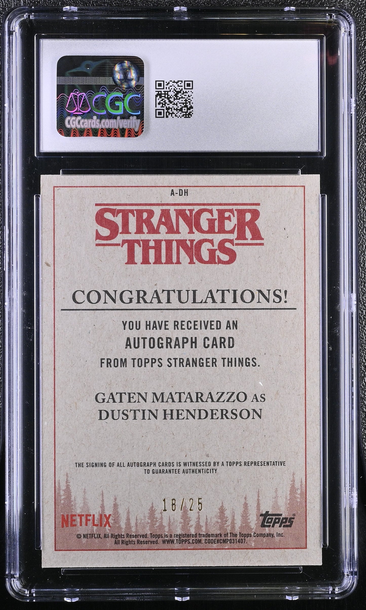 2018 Topps Stranger Things A-DH Gaten Matarazzo Auto Purple 18/25 CGC 9.5 Mint+
