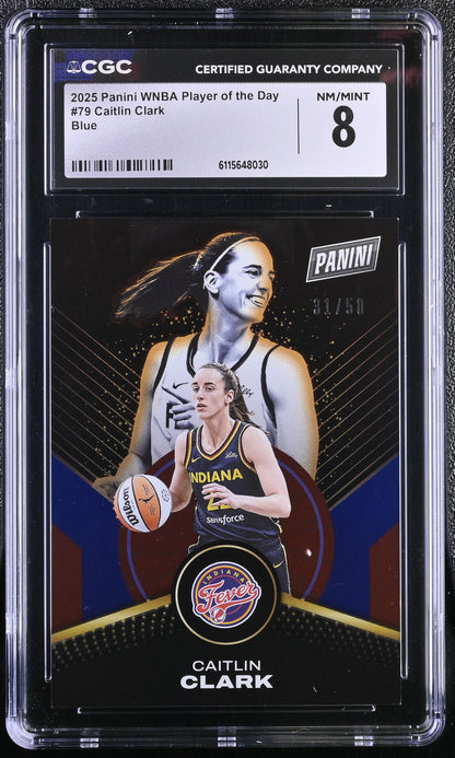 2025 Panini WNBA Player Day #79 Caitlin Clark CGC 8 NM/Mint Blue Foil 31/50