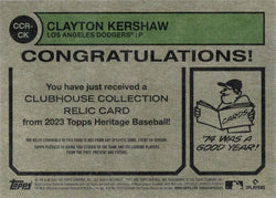 2023 Topps Heritage Baseball Clubhouse Collection Relic Card CCR-CK Clayton Kershaw