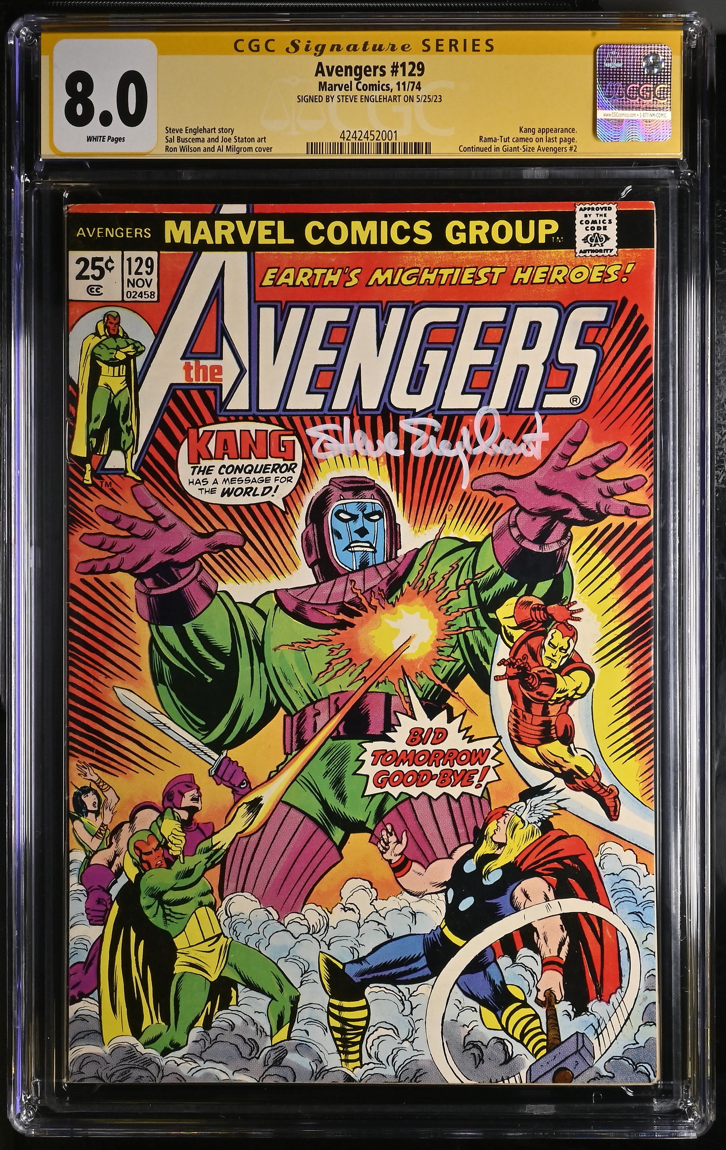Avengers #129 (1974) CGC 8.0 Signed by Steve Englehart Kang Cover