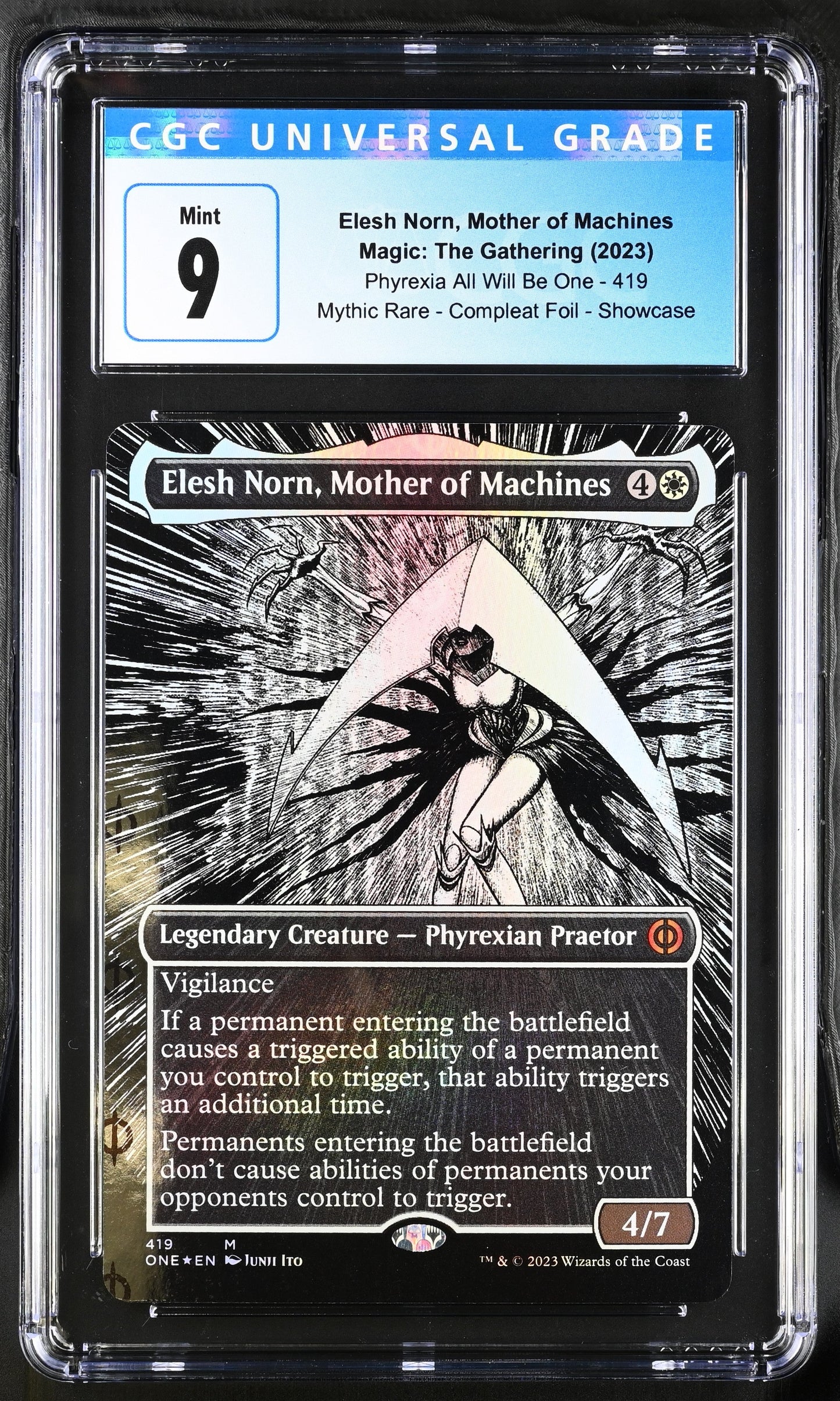 Magic: the Gathering MTG Elesh Norn, Mother of Machines (Borderless Manga Step-and-Compleat Foil) [Phyrexia: All Will Be One] Graded 9 Mint