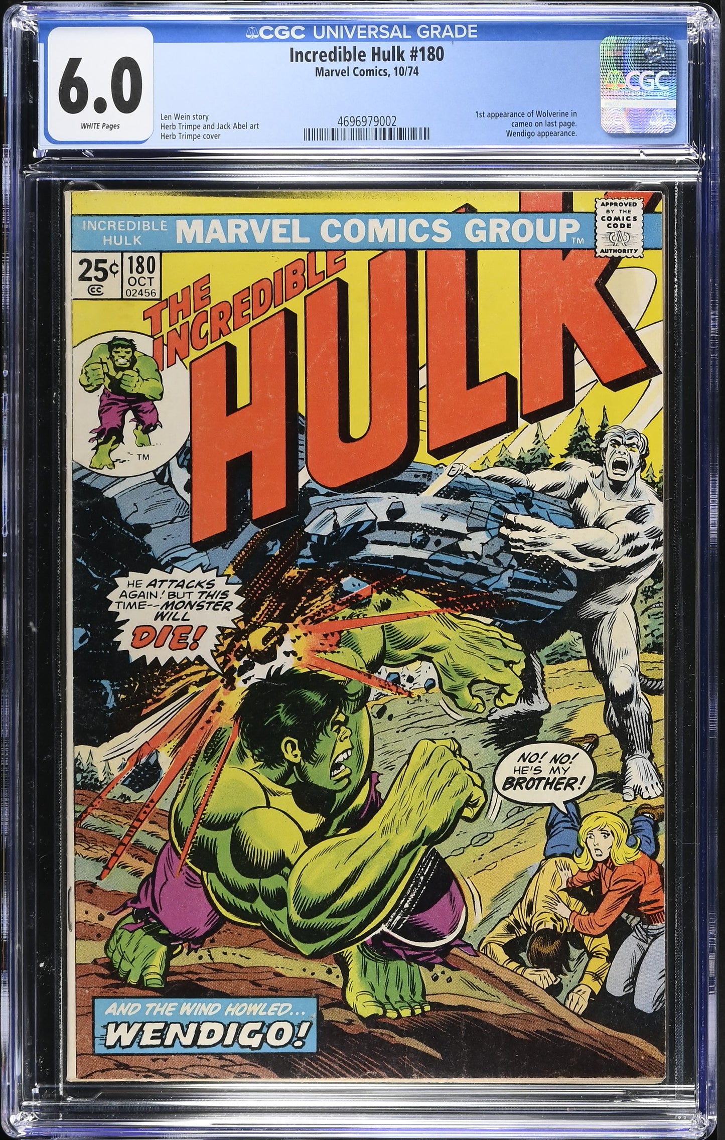 Hulk #180 (1974) Graded CGC 6.0 FN 1st Wolverine Cameo