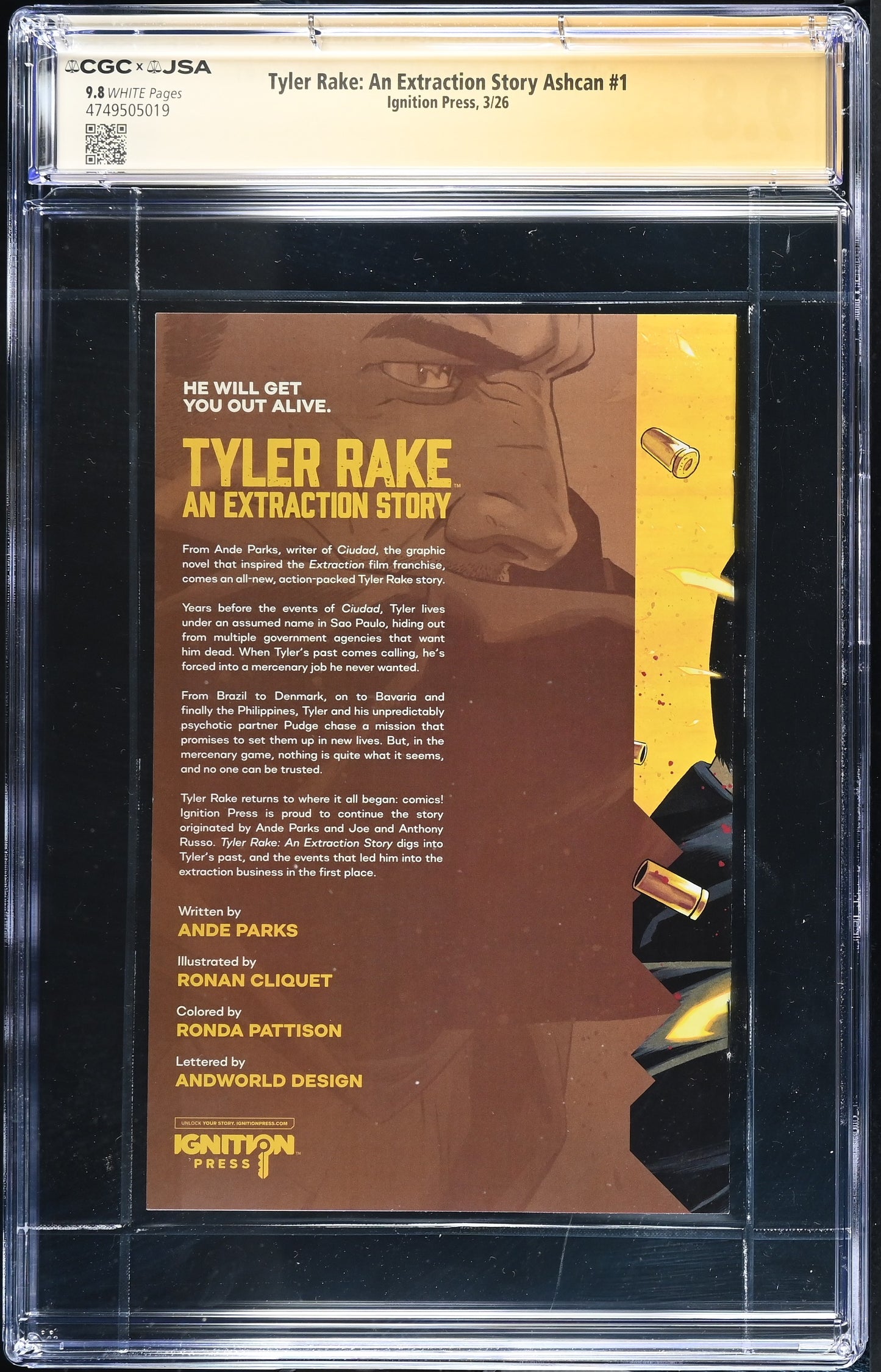 Tyler Rake: An Extraction Story Ashcan CGC 9.8 JSA Ande Parks Signature