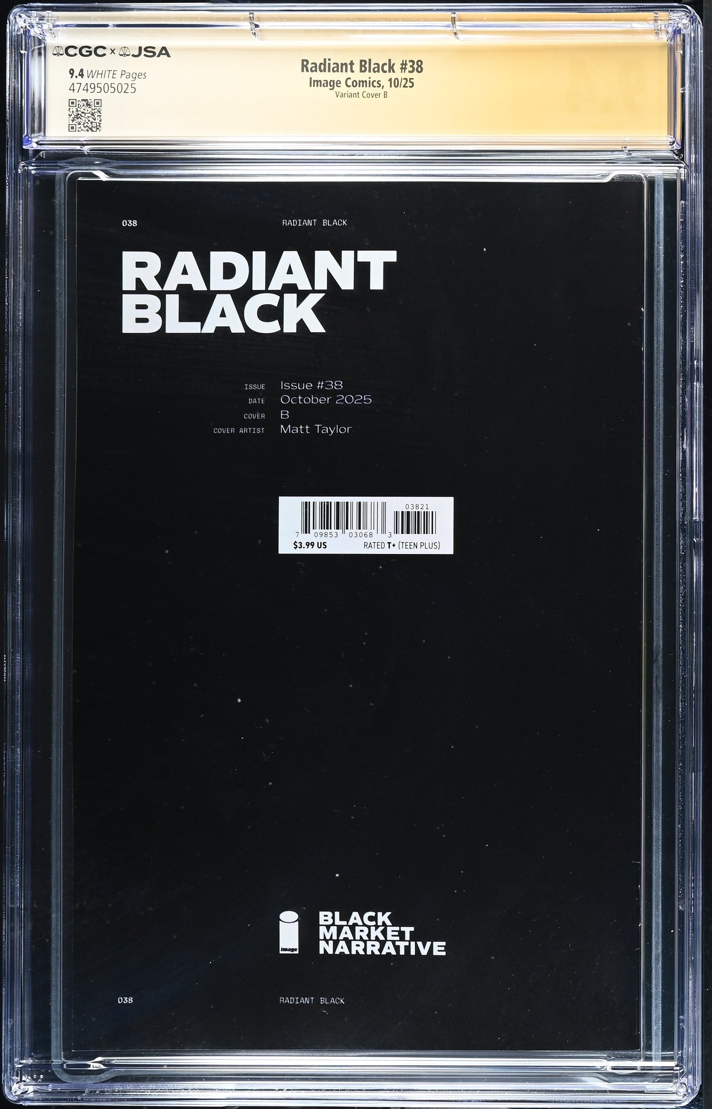 Radiant Black #38 Cover B Graded CGC 9.4 Signed by Kyle Higgins & Michel Busuttil JSA