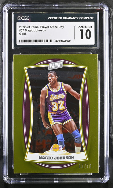 2022-23 Panini Player of the Day 57 Magic Johnson Gold Foil Parallel 3/10 CGC 10