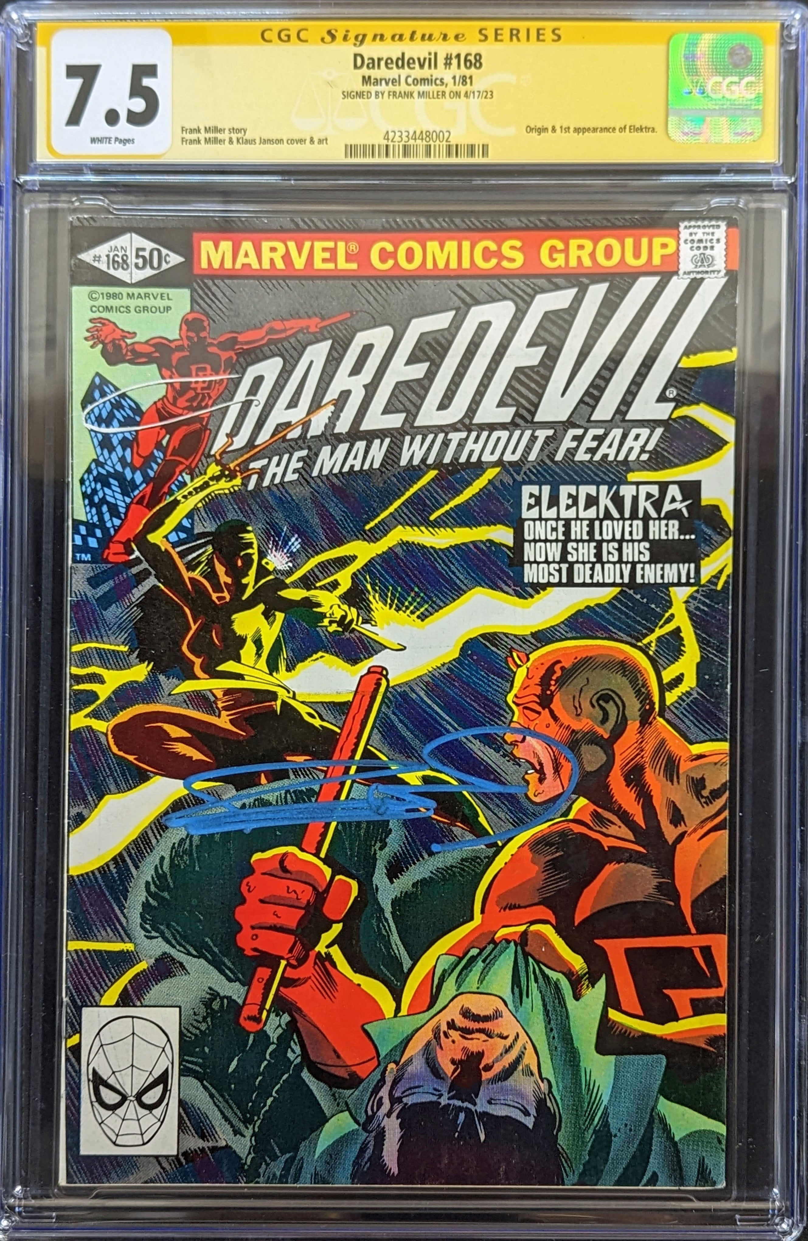 Daredevil #168 (1981) CGC 7.5 1st Elektra Signed by Frank Miller