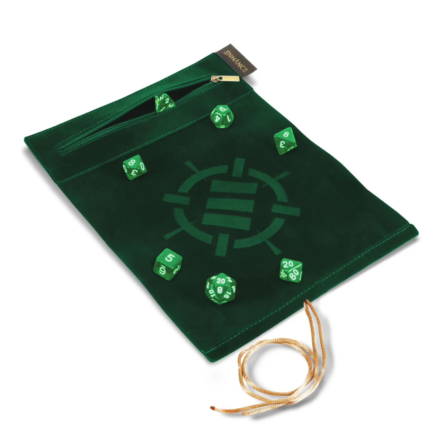 ENHANCE Roll on a Scroll™ Dice Rolling Mat & 7pc Acrylic Dice Set (Green)