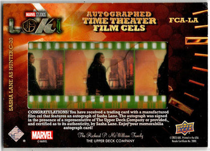 2023 Upper Deck Marvel Loki FCA-LA Sasha Lane Autograph Film Cel Card