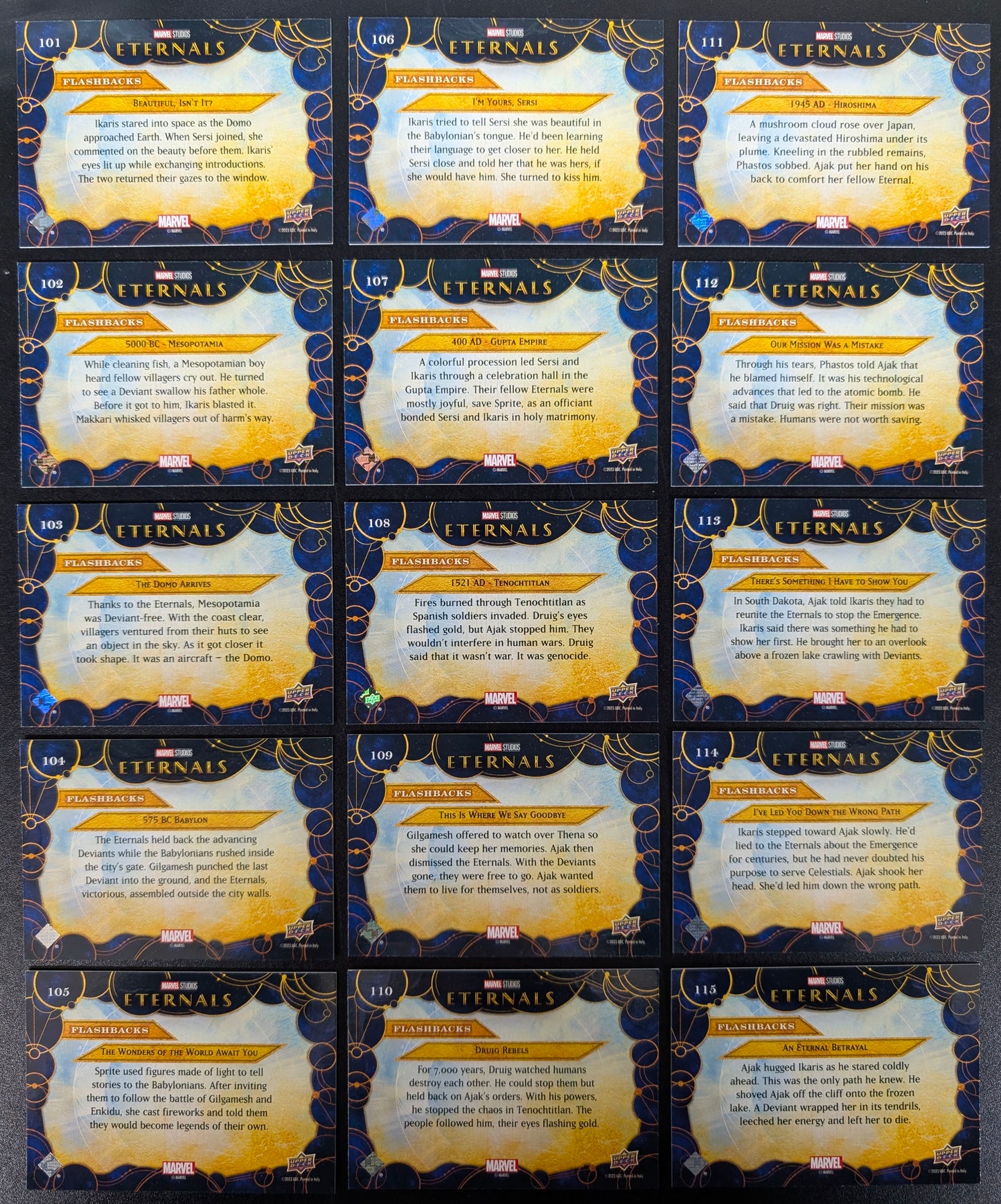 2023 Upper Deck Marvel Eternals High Number Flashbacks 15 Card Set 101 to 115