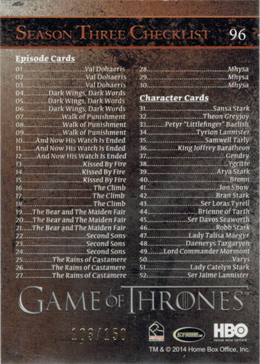 Game of Thrones Season Three Gold Foil Parallel Card 96 Checklist 103/150