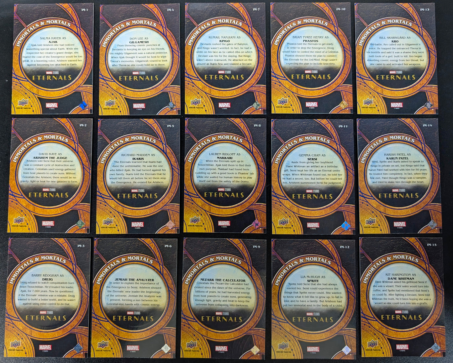 2023 Upper Deck Marvel Eternals Immortals & Mortals 15 Card Set IM-1 to IM-15