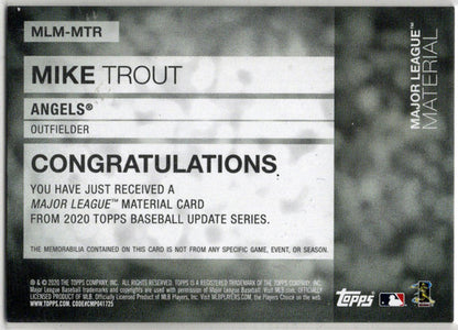 2020 Topps Update Baseball Major League Materials Relic Card MLM-MTR Mike Trout