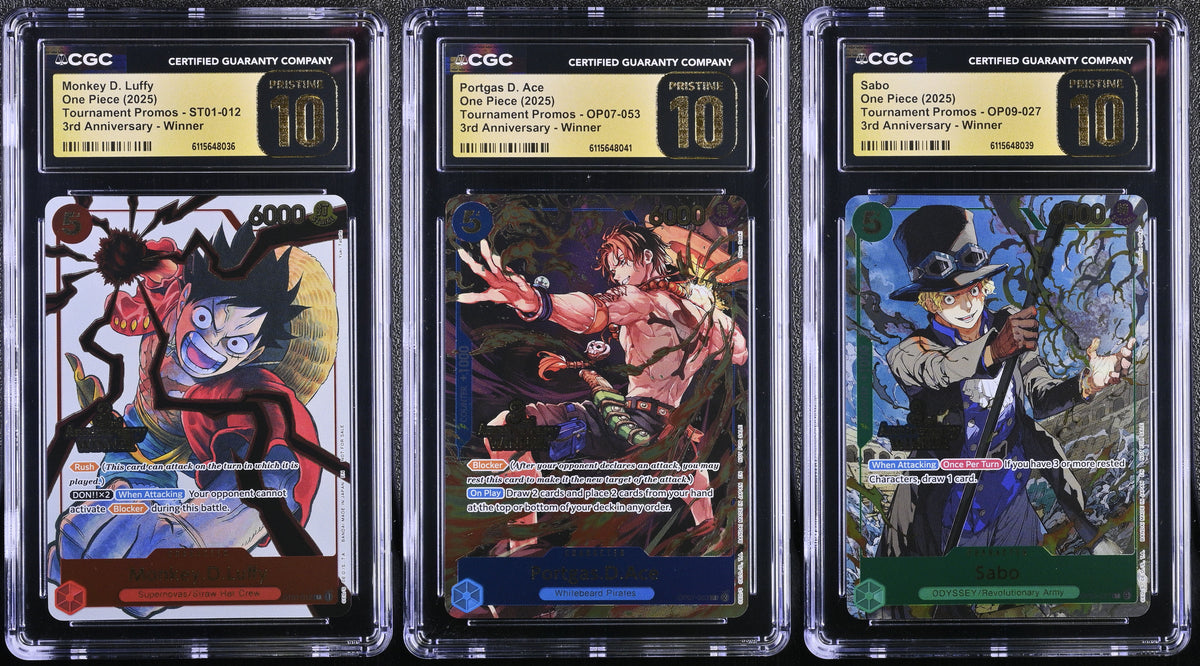 One Piece TCG: 3rd Anniversary Winner Promo Trio (Luffy ST01-012, Ace OP07-053, Sabo OP09-027) – CGC 10 Pristine Set